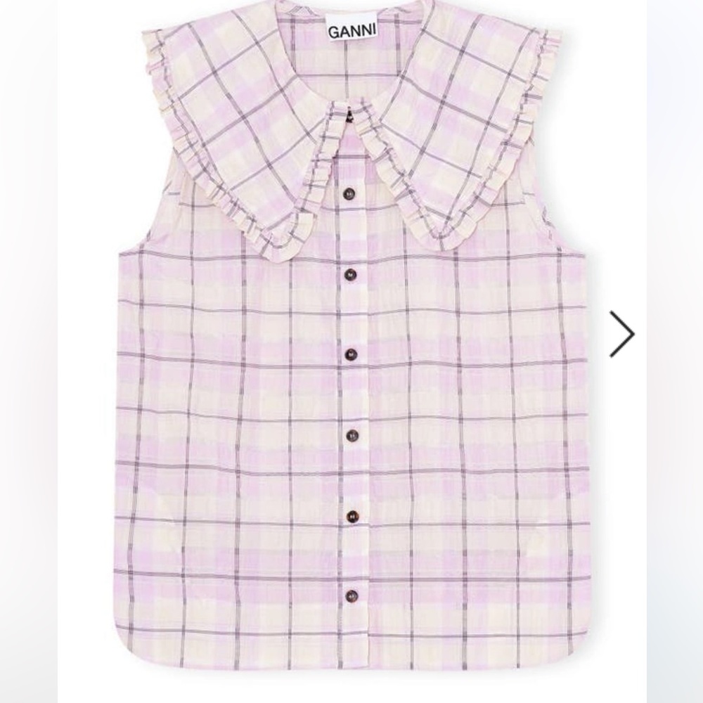 Ganni Lavender Plaid Ruffled Collar Sleeveless Button Front Top